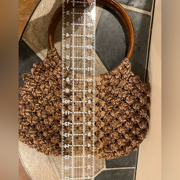 Vintage Handmade Macrame Round Handle Tote Bag Brown Tan 12.5”x15” - Picture 5 of 5
